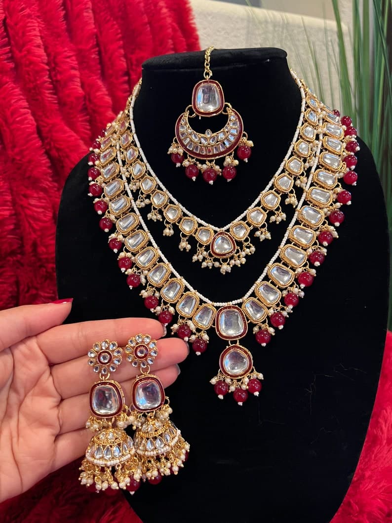 Red Onyx Polki Bridal Jewelry Set - Image 1