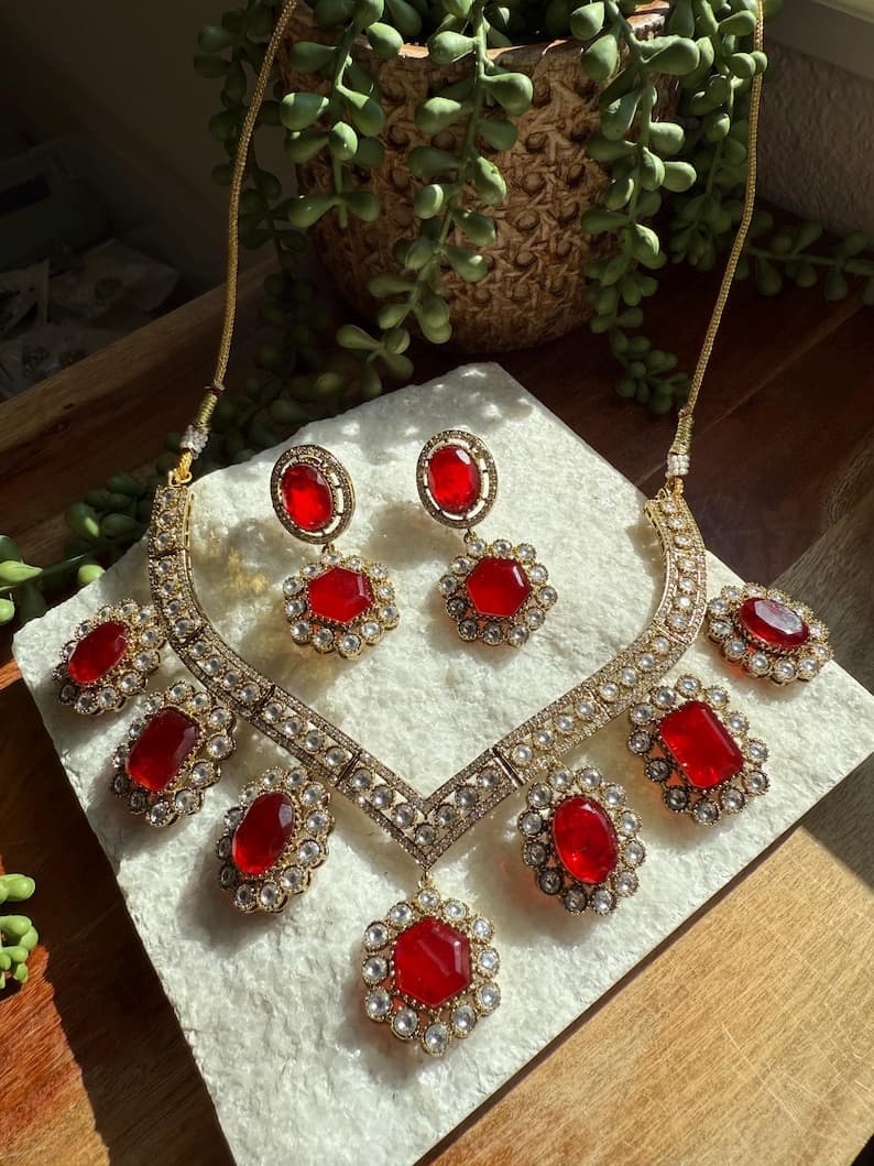 Red Bridal Choker Necklace Set - Image 1