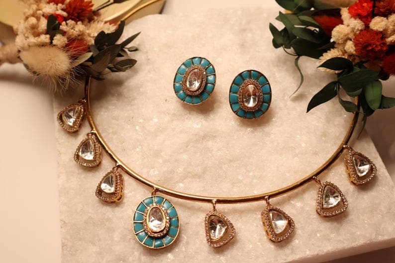 Moissanite Hasli Necklace Set with Turquoise Pink and Green Stones - Image 1