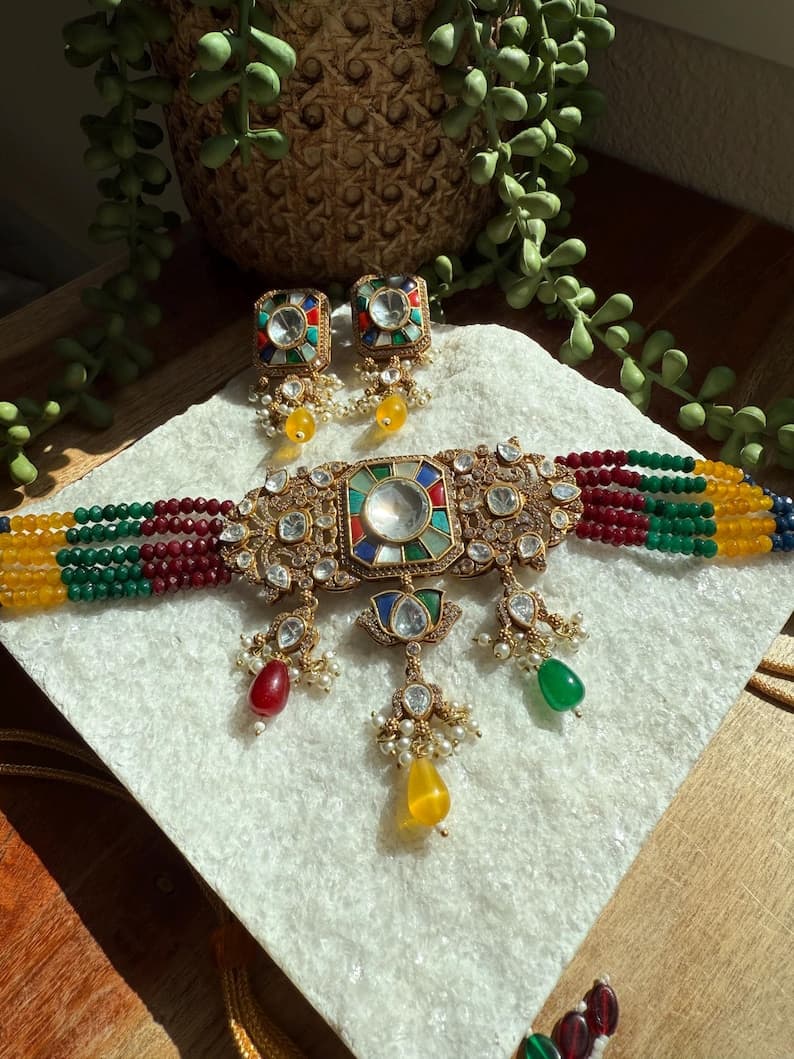 Beaded Moissanite Kundan Choker Set - Image 1