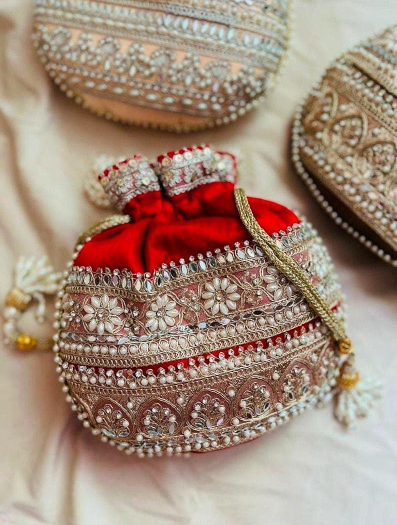 Handcrafted Potli Bags with Lace, Mirror & Pearl