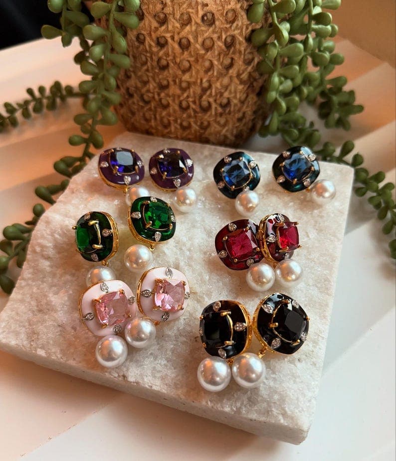 Handcrafted Gemstone Stud Earrings with Pearls - Image 1