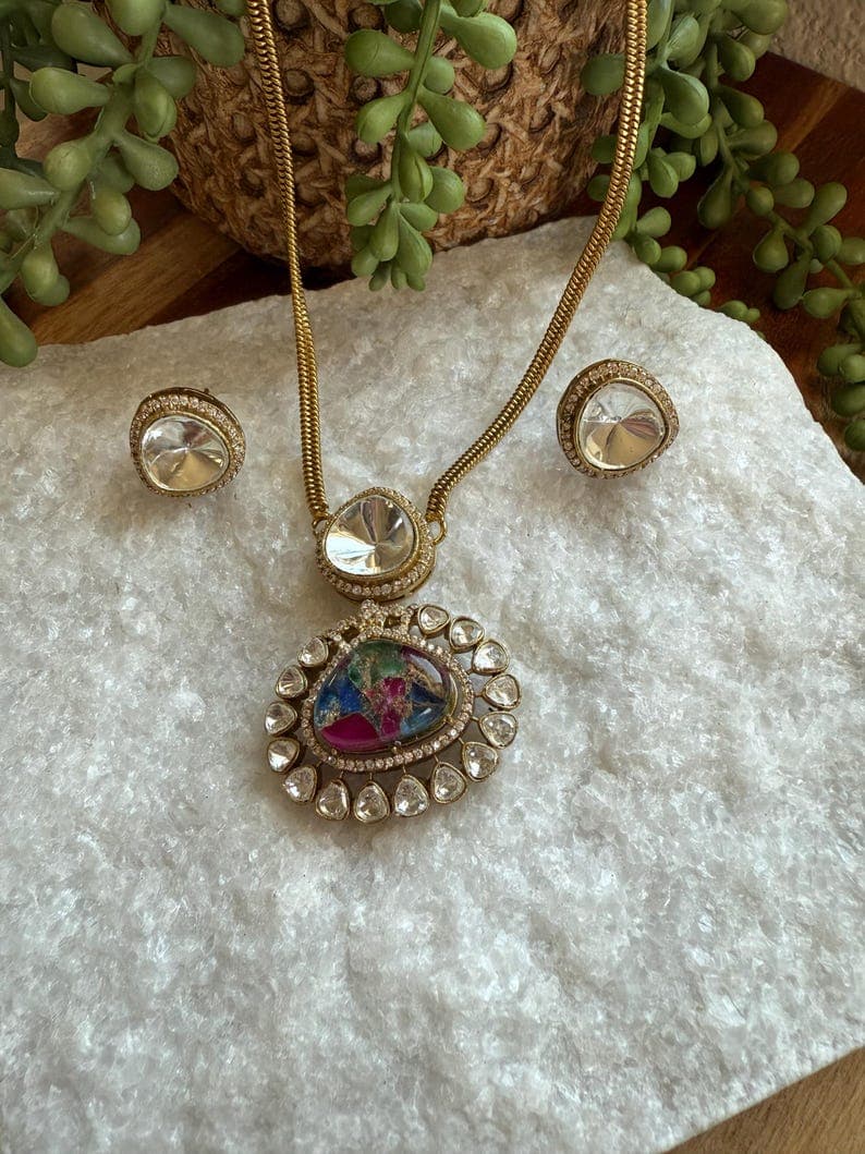 Moissanite & Marble Pendant Necklace Set - Image 1