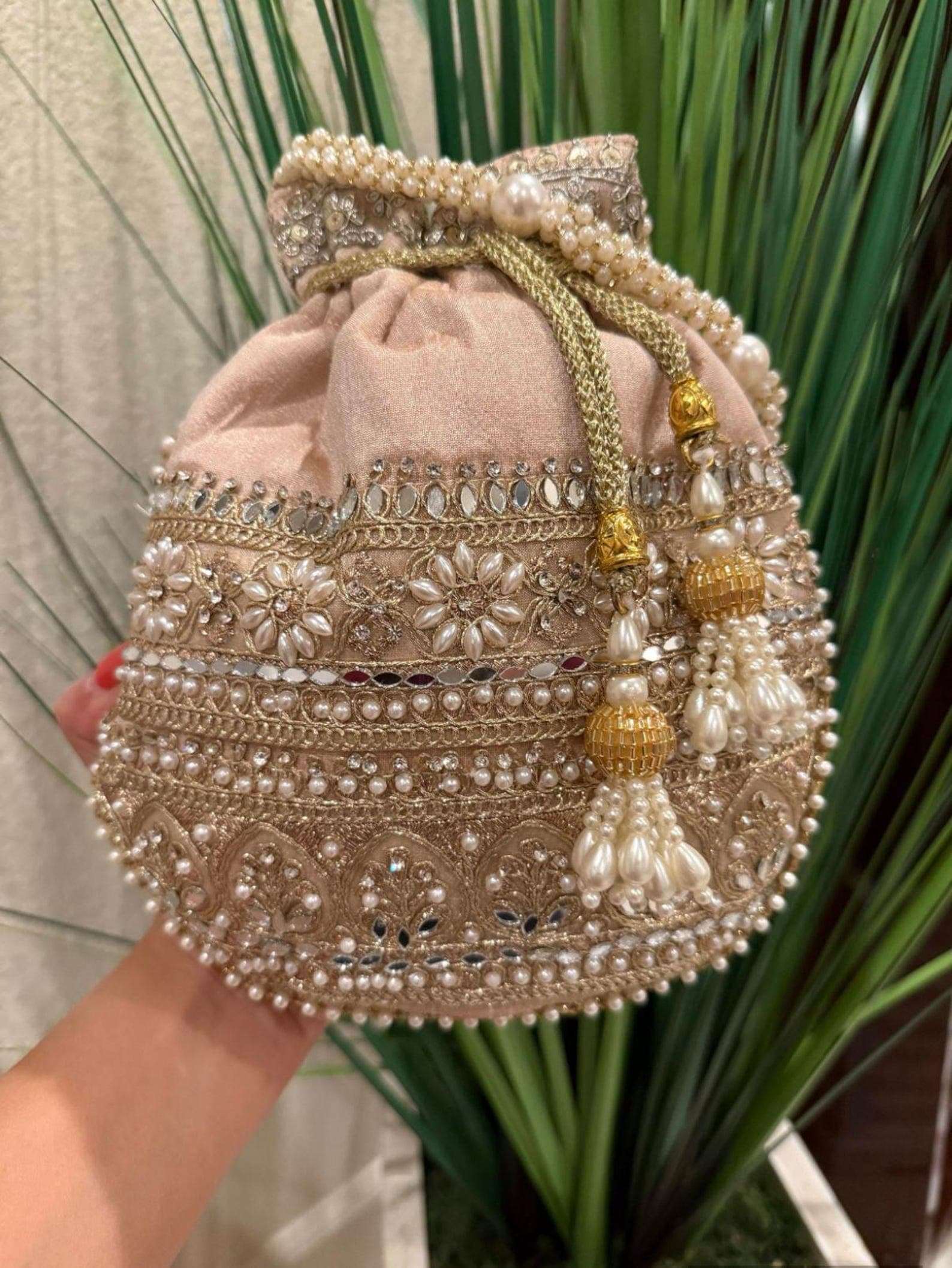 Handcrafted Potli Bags with Lace, Mirror & Pearl thumbnail 7