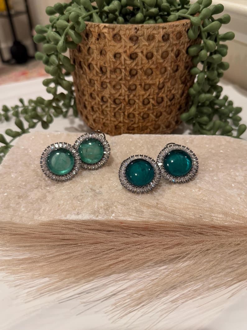 Statement Stud Earrings in Mint & Emerald Green - Image 1