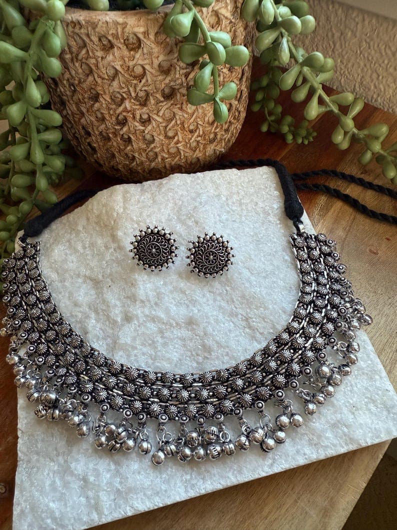 Oxidized Silver Flower Choker Set with Bells - Image 1