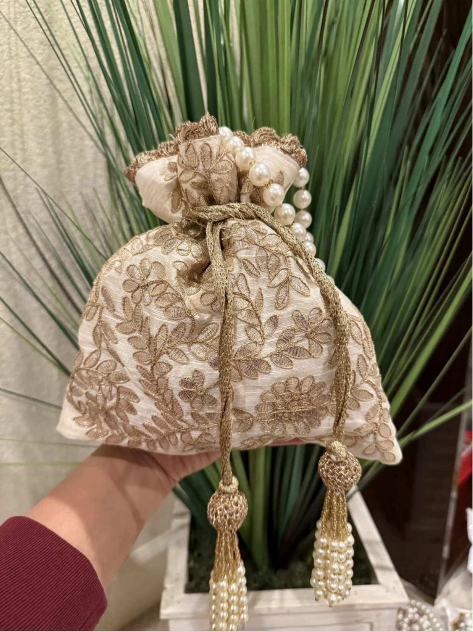 White Potli Bag with Gota Patti Gold Embroidery alternate view