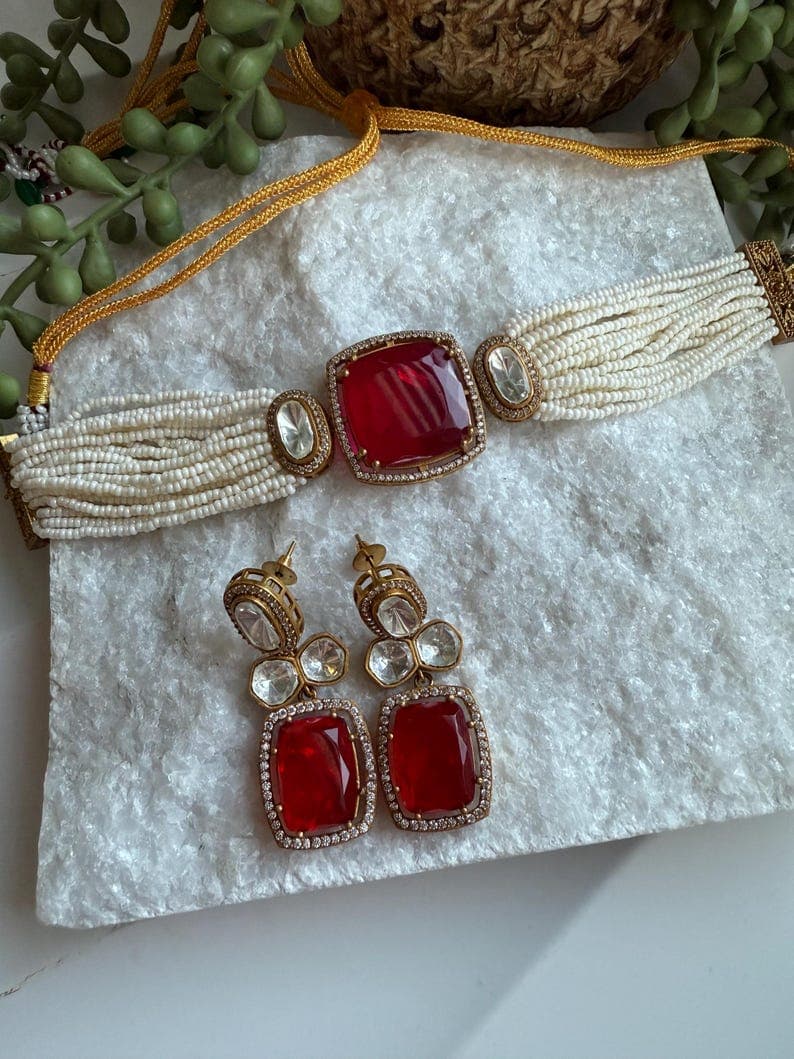 Elegant Moissanite and Doublet Stone Choker Set with Earrings - Image 1