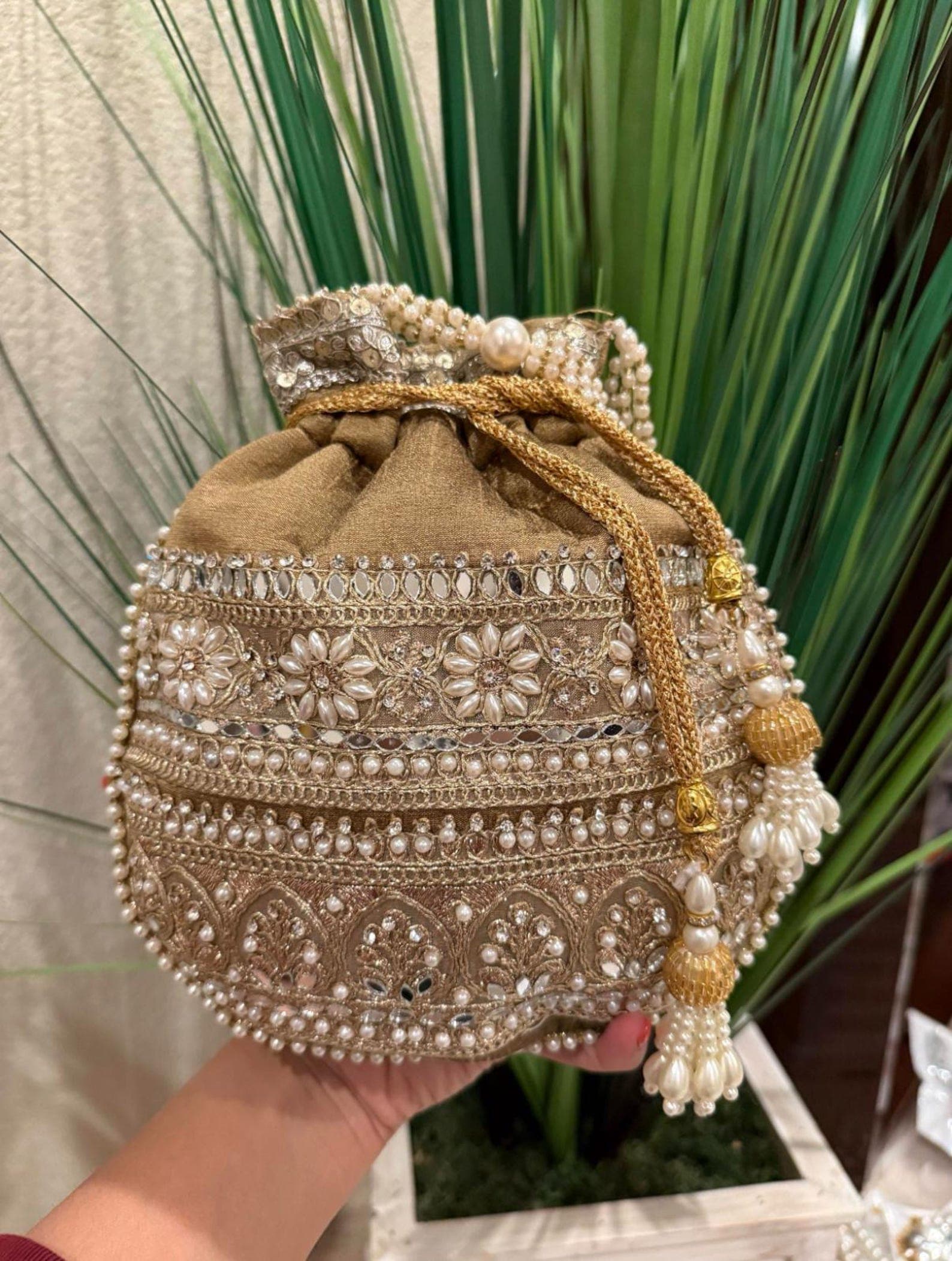 Handcrafted Potli Bags with Lace, Mirror & Pearl thumbnail 6