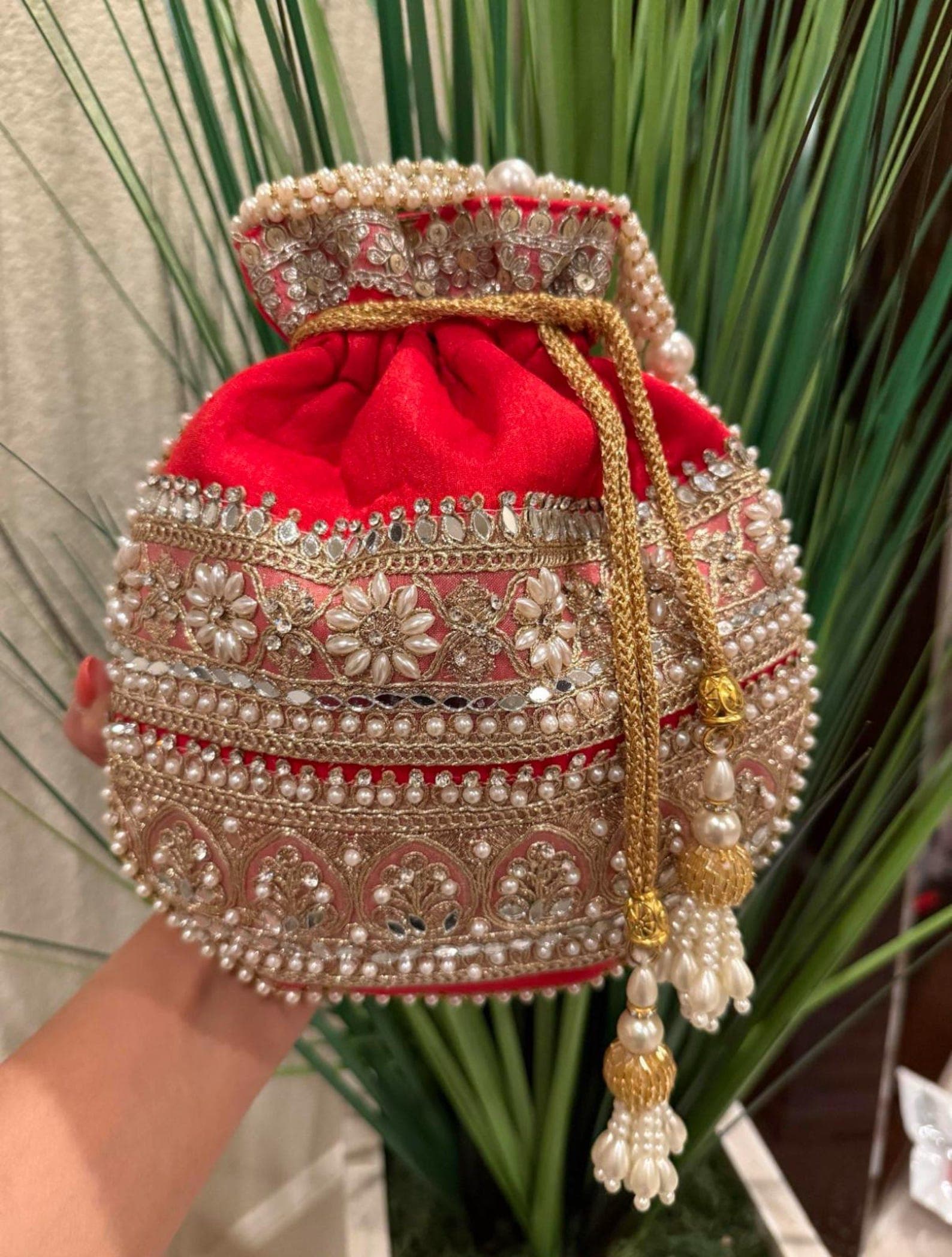 Handcrafted Potli Bags with Lace, Mirror & Pearl thumbnail 4
