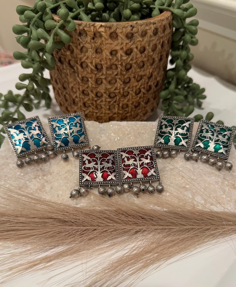 Handcrafted Silver Tribal Square Earrings with Enamel Detailing - Image 1