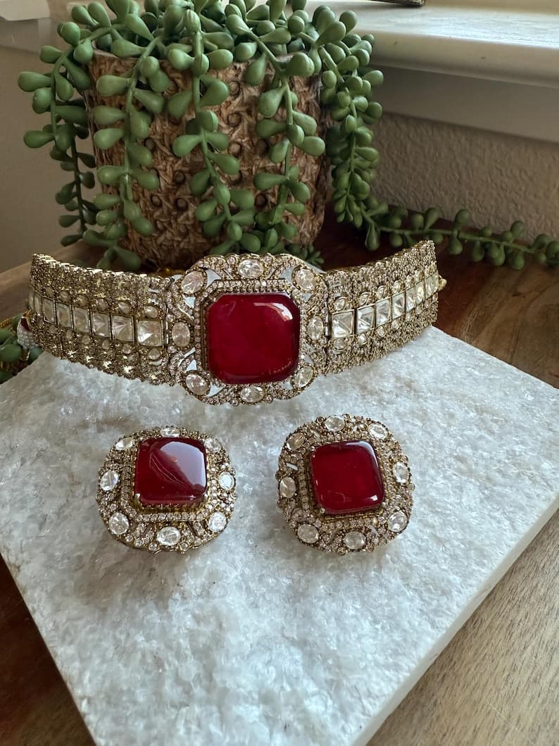 Statement Red Stone Choker Set - Image 1