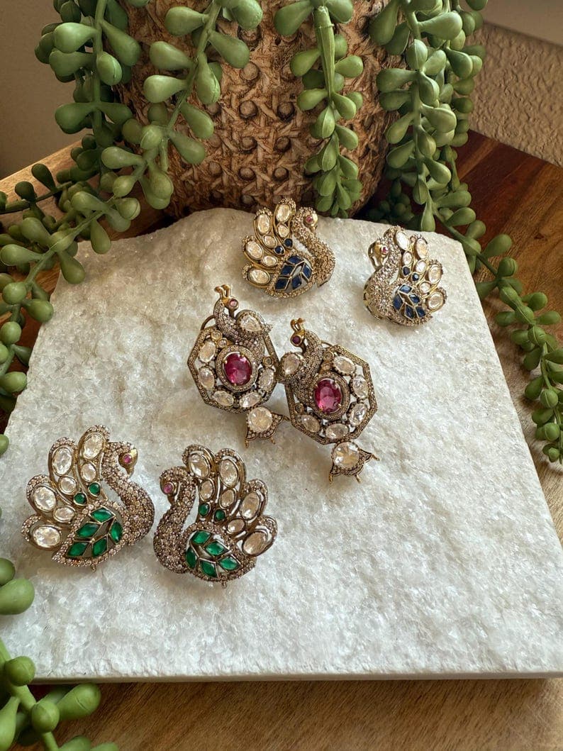 Peacock Earrings in Blue Green & Pink - Image 1