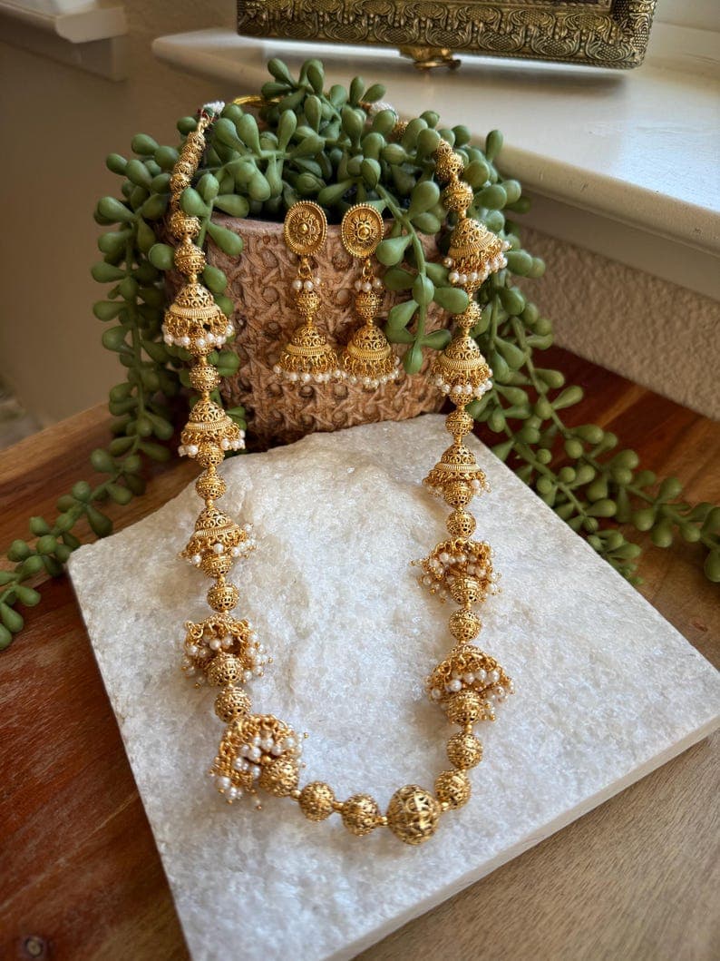 Gold & Pearl Jhumki Necklace Set - Image 1