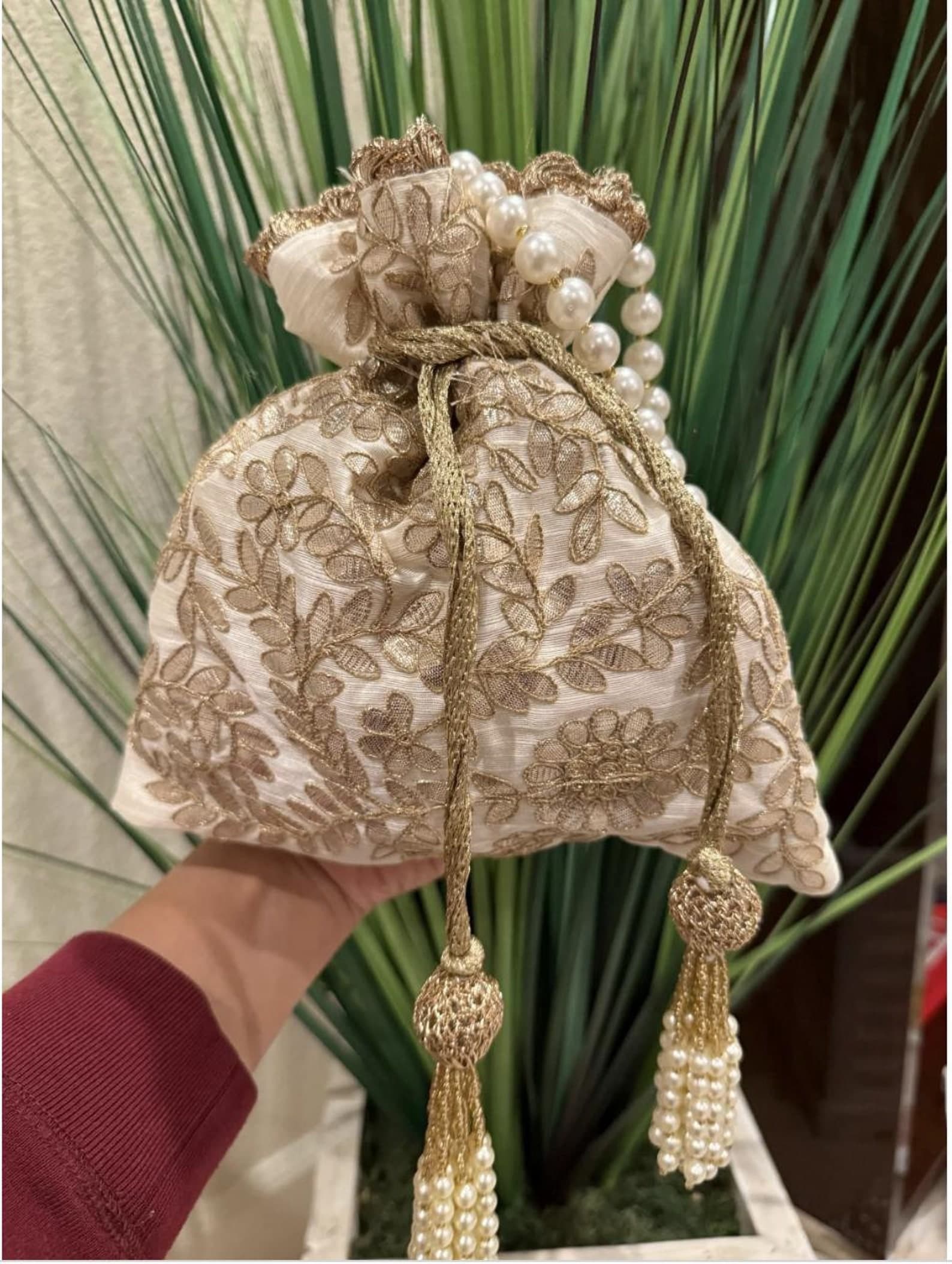 White Potli Bag with Gota Patti Gold Embroidery