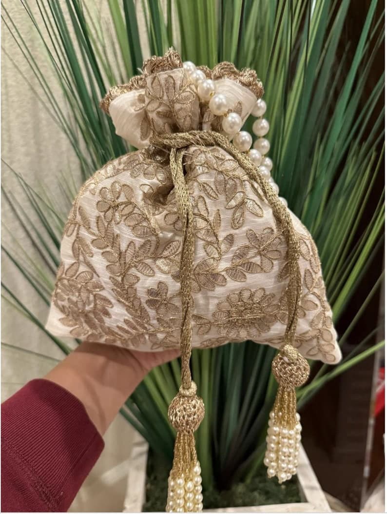 White Potli Bag with Gota Patti Gold Embroidery