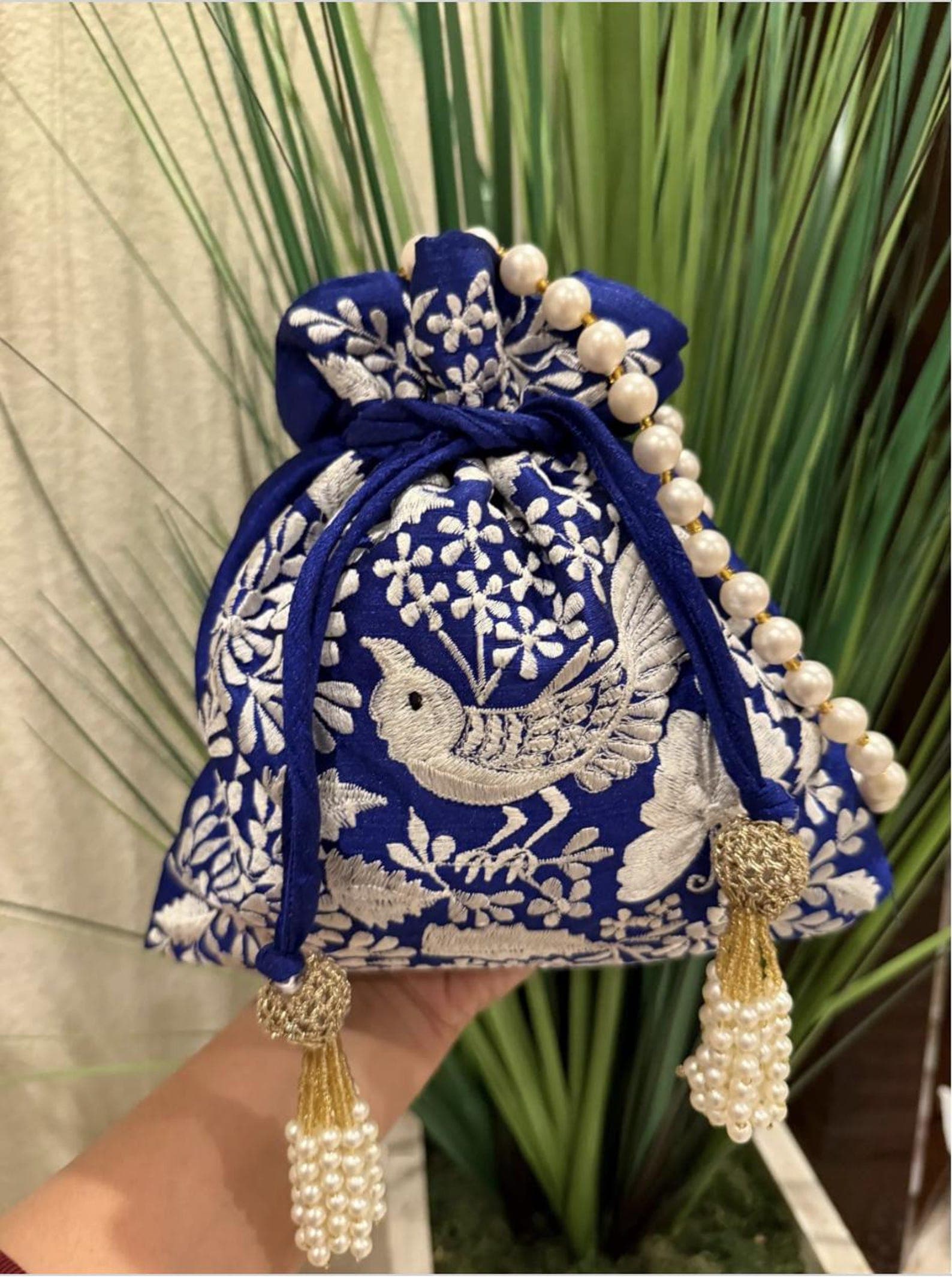 Handwoven Bird Red and Blue Potli Bags with Pearl Handles thumbnail 3