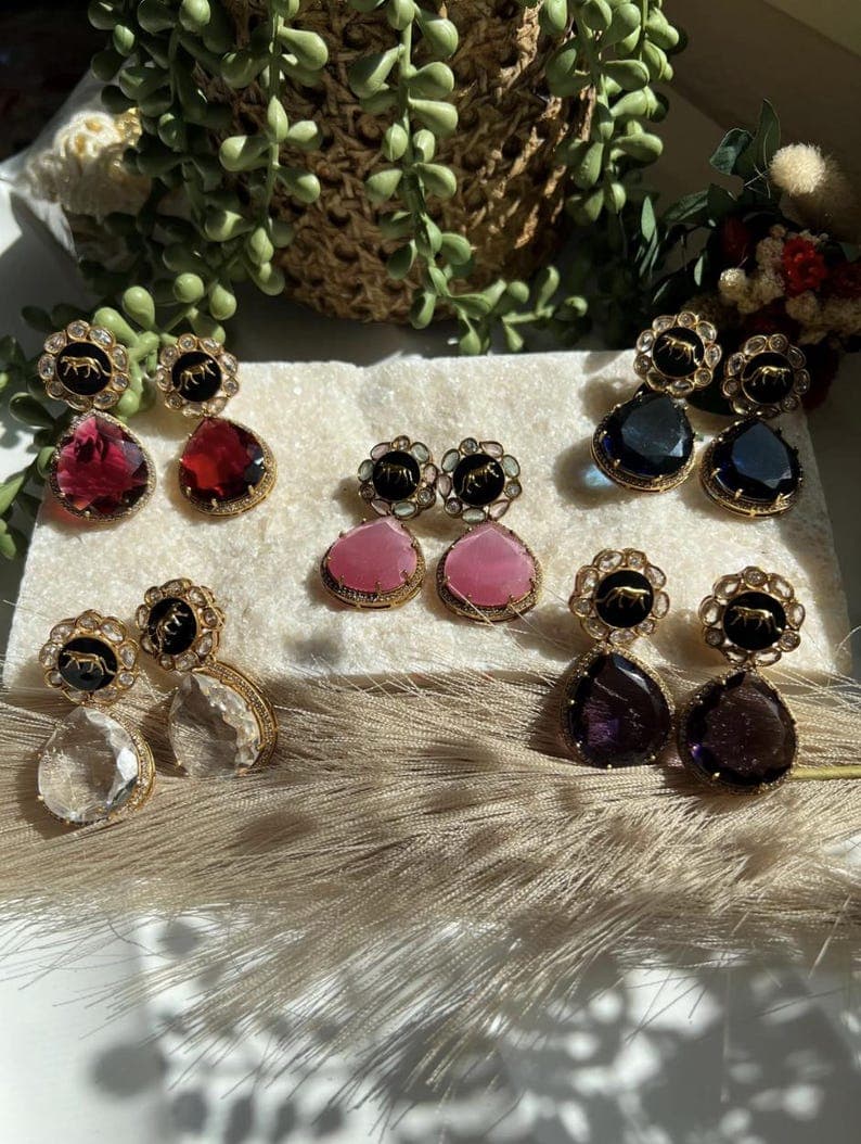 Sabyasachi Inspired Earrings with Teardrop Gemstones - Image 1