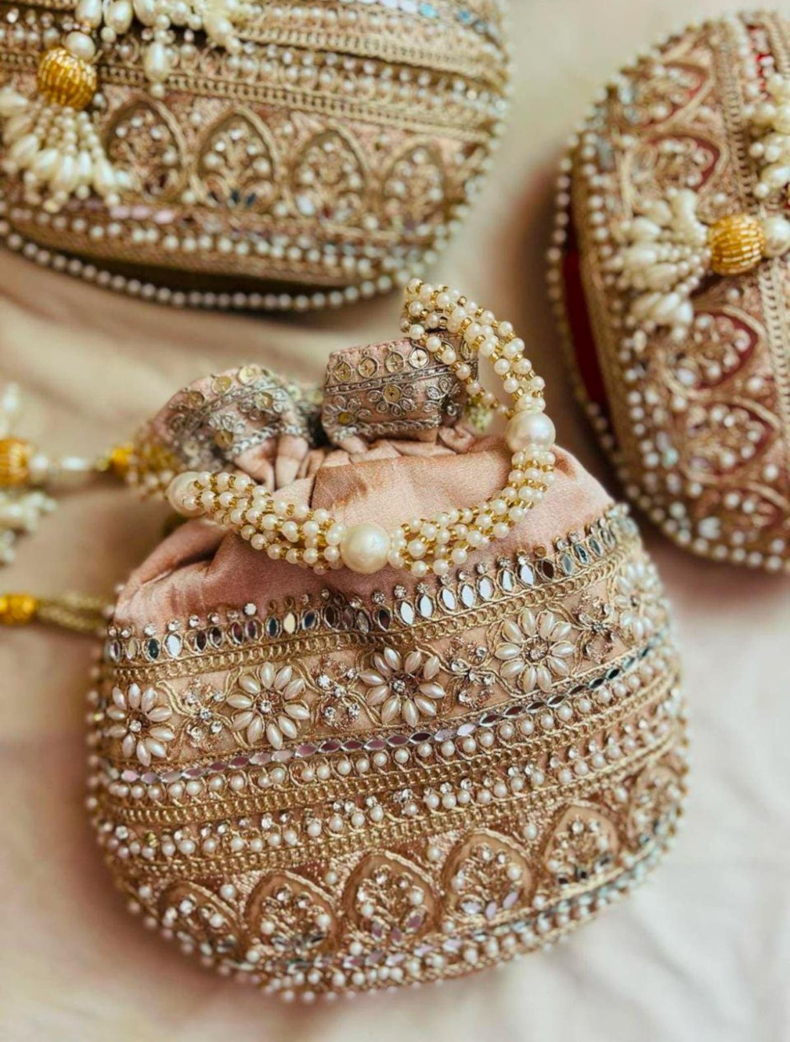 Handcrafted Potli Bags with Lace, Mirror & Pearl thumbnail 3