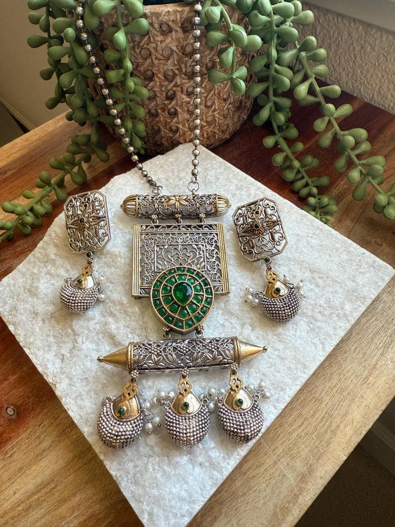 Green Stone Oxidized Necklace Set - Image 1