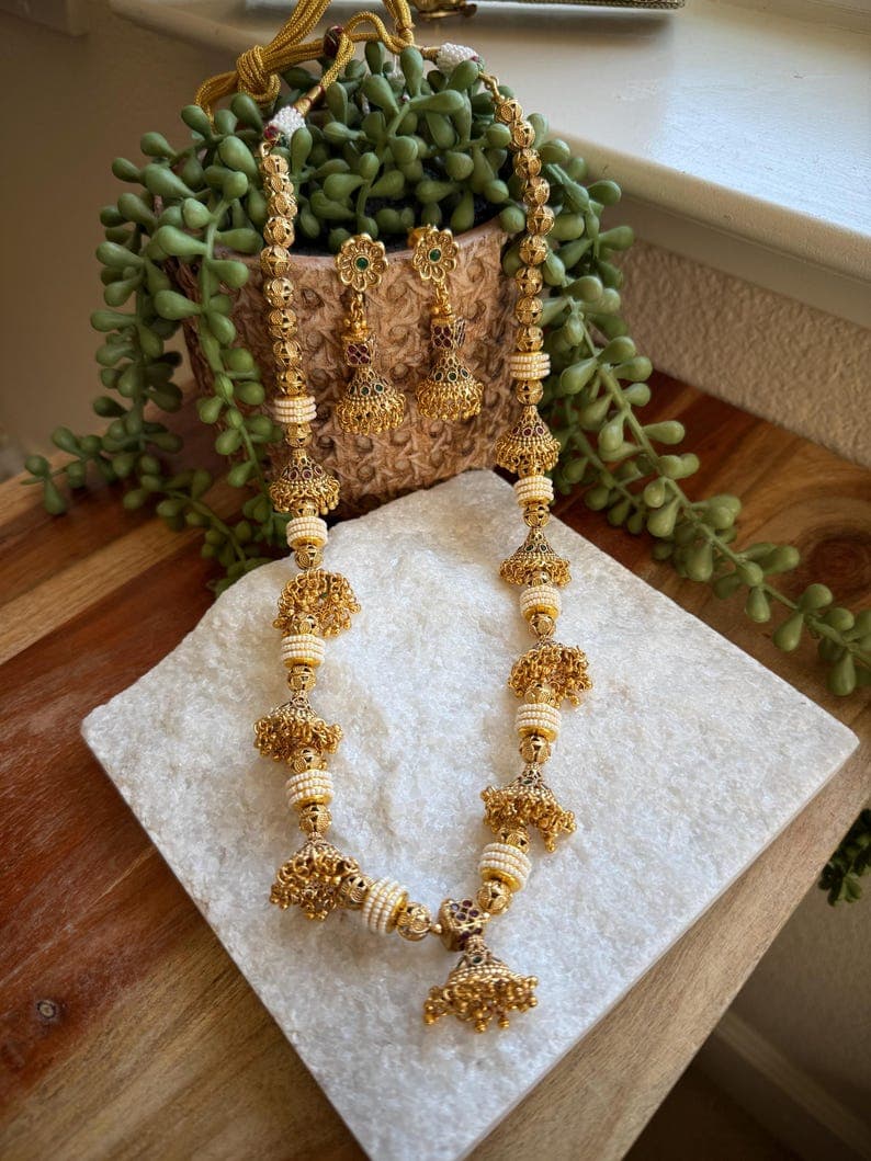 Gold Jhumki Necklace Set - Image 1