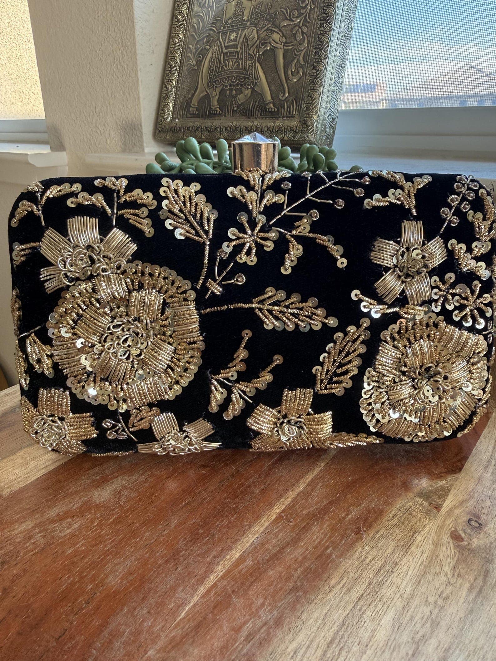Black Velvet Embroidered Clutch Bag
