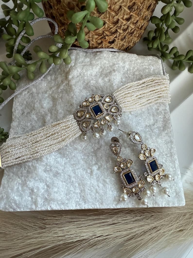 Pearl Choker Set with Moissanite and Large Pearl Droplets - Image 1