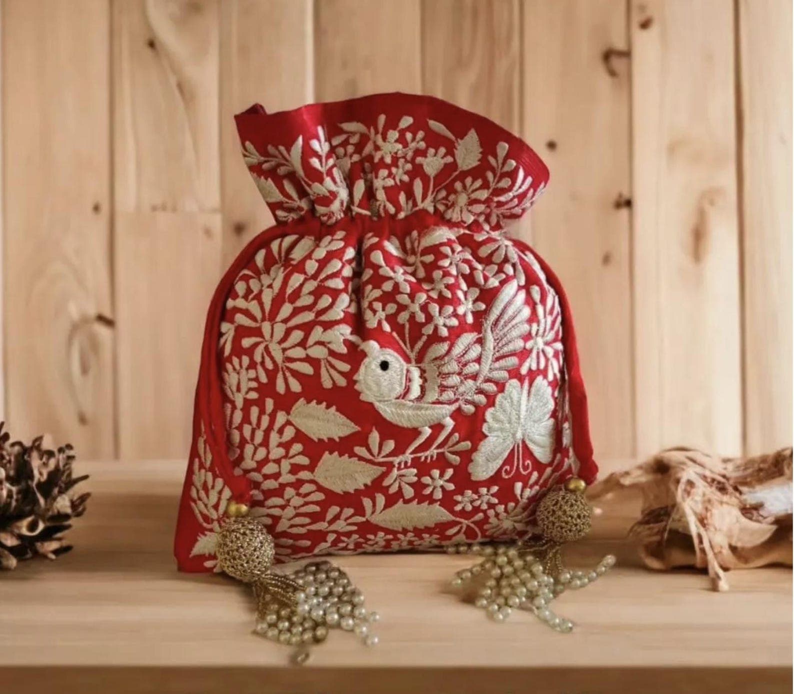 Handwoven Bird Red and Blue Potli Bags with Pearl Handles alternate view