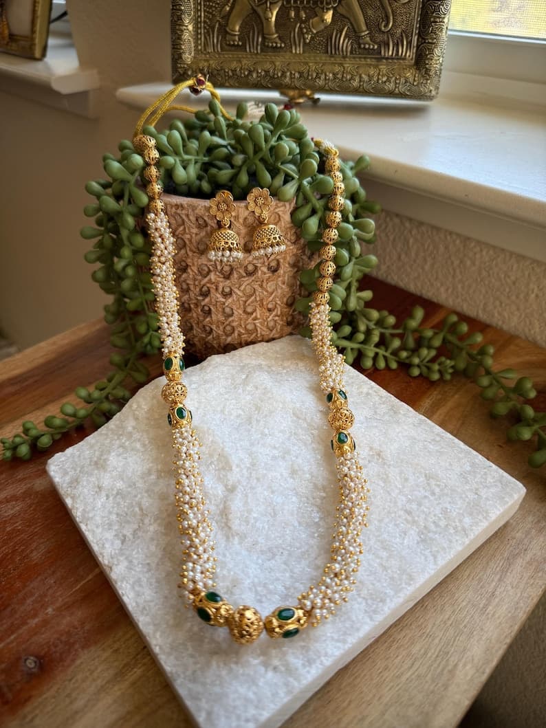 Pearl & Bead Temple Jewelry Necklace Set - Image 1