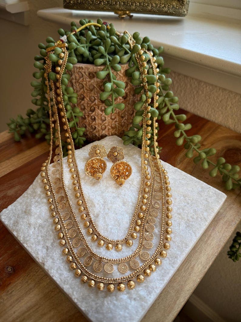 Gold 3-Layer Indian Bridal Necklace Set with Jhumka Earrings