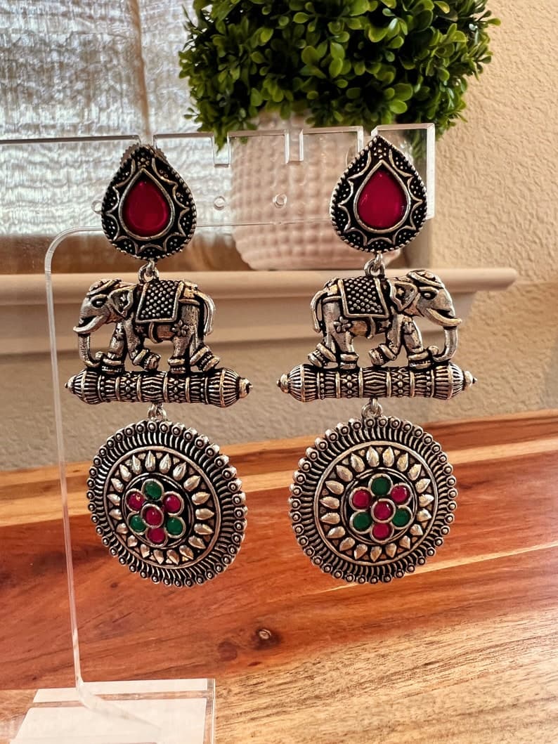 Traditional Elephant Oxidized Earrings - Image 1