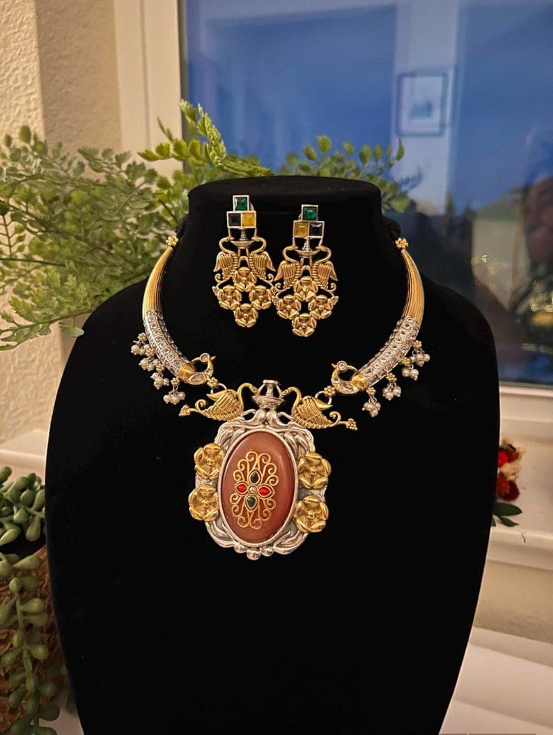 Dual Tone Silver Necklace with Carved Stone Pendant - Image 1