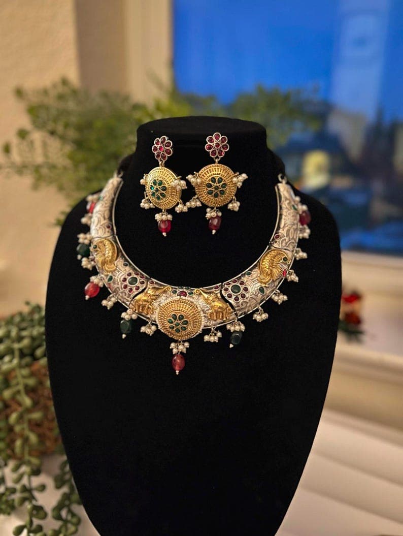 Dual Tone Silver Necklace with Elephant Motifs - Image 1