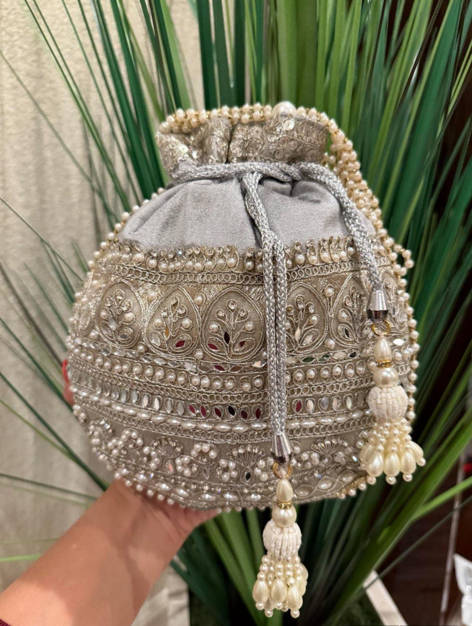 Handcrafted Potli Bags with Lace, Mirror & Pearl thumbnail 5